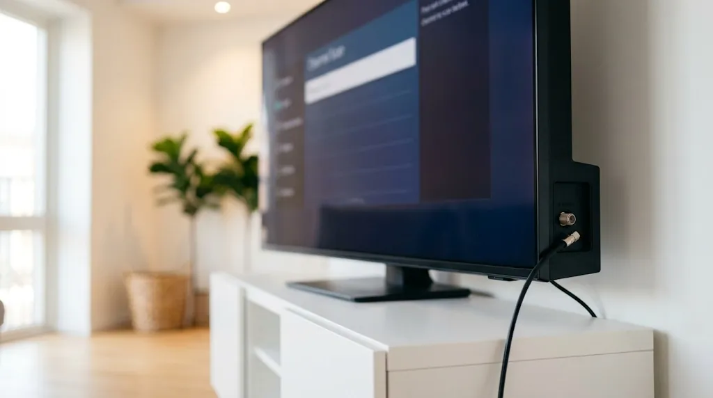 Närbild på lös koaxialkabel i RF-porten på ny TV med tom kanallista synlig på skärmen