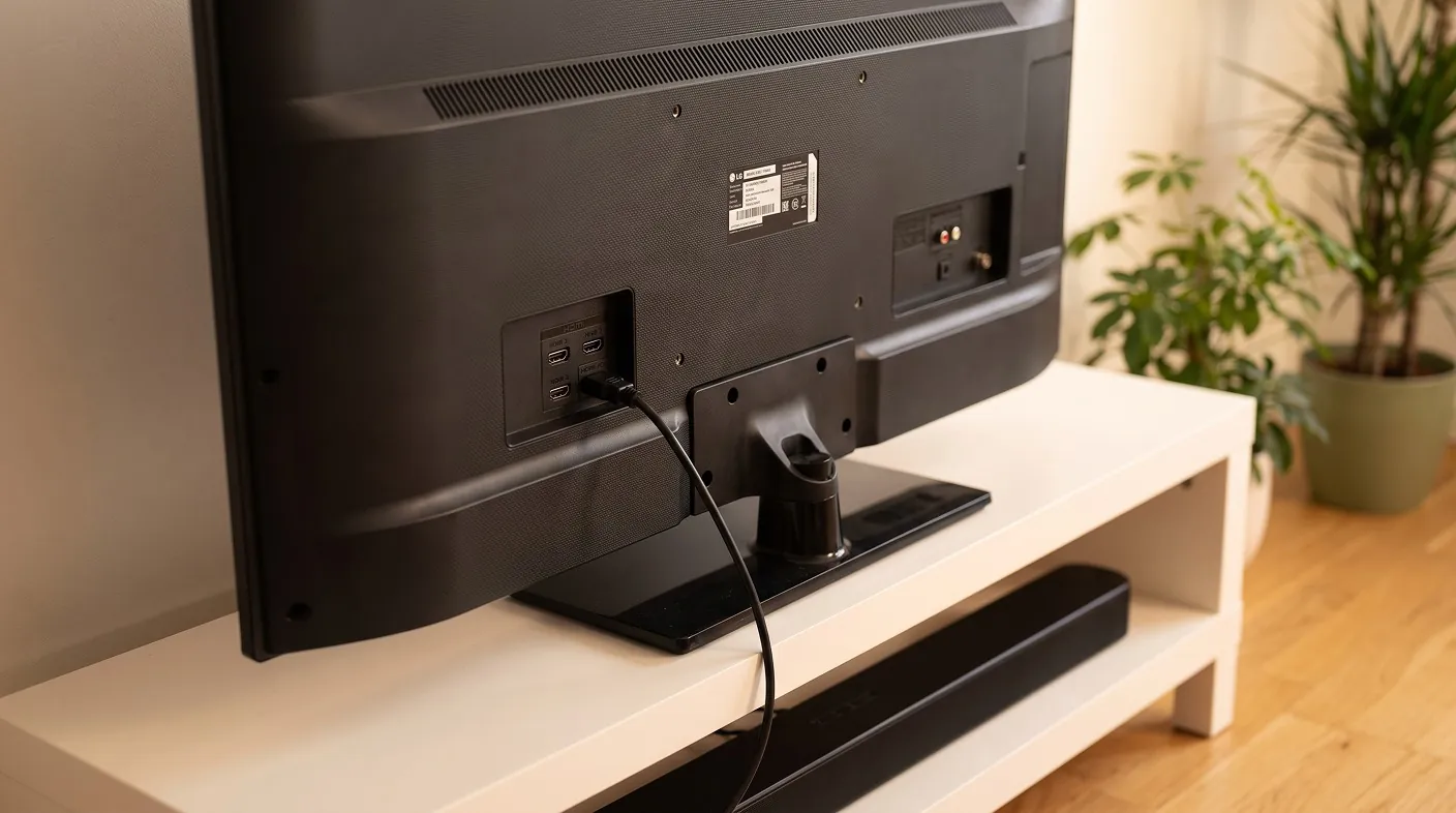 Ny TV med avstängt ljud på skärmen och felkopplad HDMI-kabel till soundbar på TV-bänk