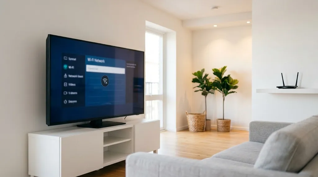 Ny smart-TV med wifi-anslutningsfel på skärmen och trådlös router placerad för långt bort på väggmonterad hylla