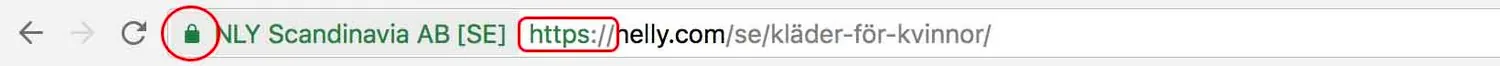 Nelly.com är en välkänd e-shop i Sverige. Där ser du att både låset och https finns med, som indikerar på en säker webbplats.