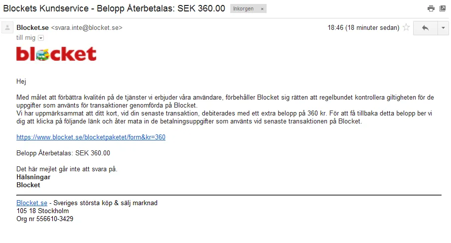 Ett bluffmail från "Blocket" som uppmanar dig att öppna en länk för att få tillbaka 360 kr till ditt konto.