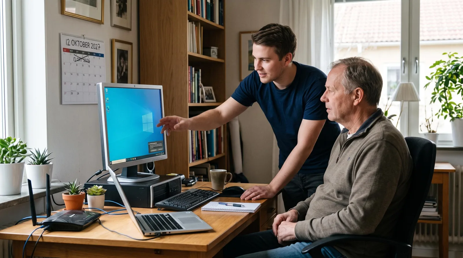 En ung man hjälper en äldre man att kontrollera Windows 10 på datorn hemma