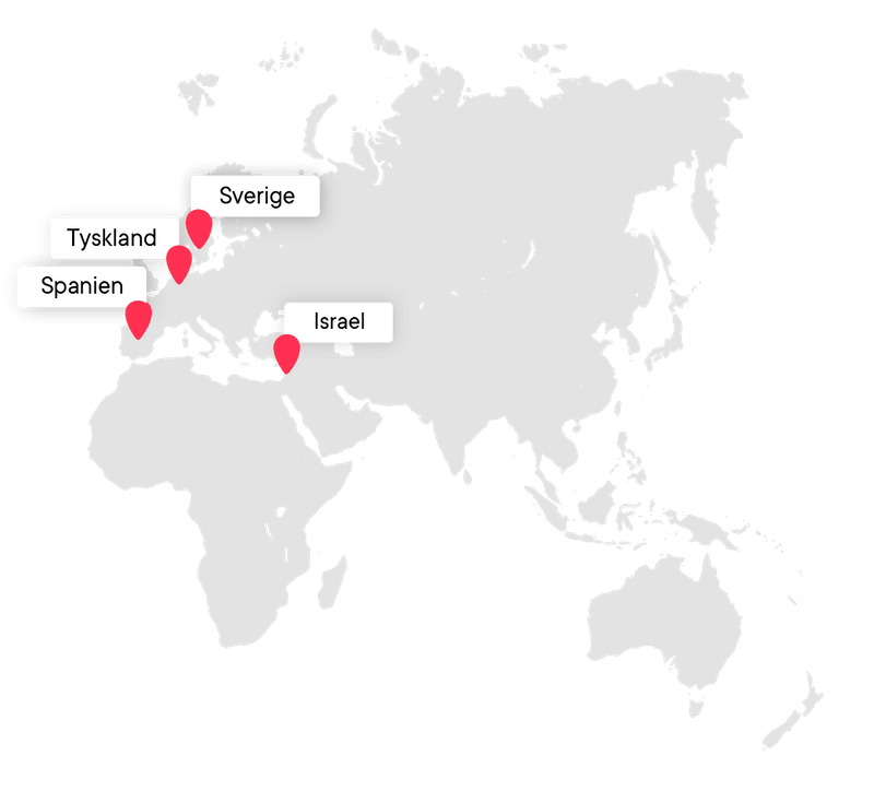 Karta över TechBuddys marknader: Sverige, Tyskland, Spanien och Israel